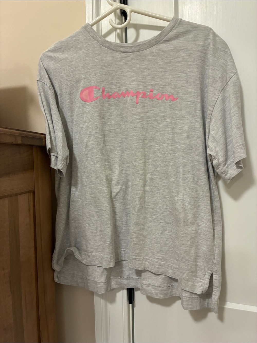Champion Light Gray Tee with Pink Script Logo